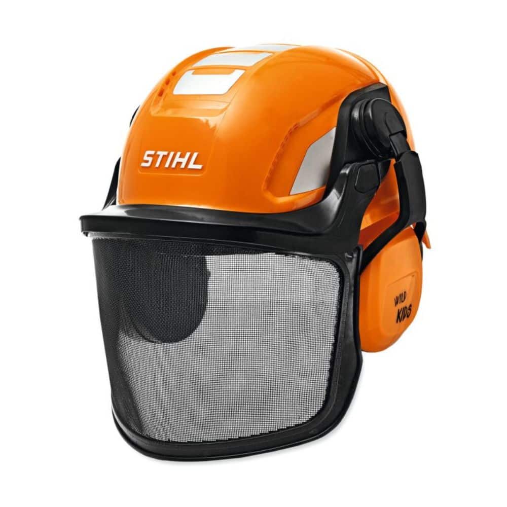 Jouet imitant un casque professionnel STIHL. Plastique ABS, visière rabattable, bandeau réglable de 42 à 54 cm pour le tour de tête