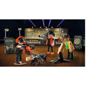 Coffret Playmobil aux couleurs STIHL TIMBERSPORTS® 3 figurines : 2 athlètes + 1 caméraman Accessoires complets : machines, planches, supports, phares
