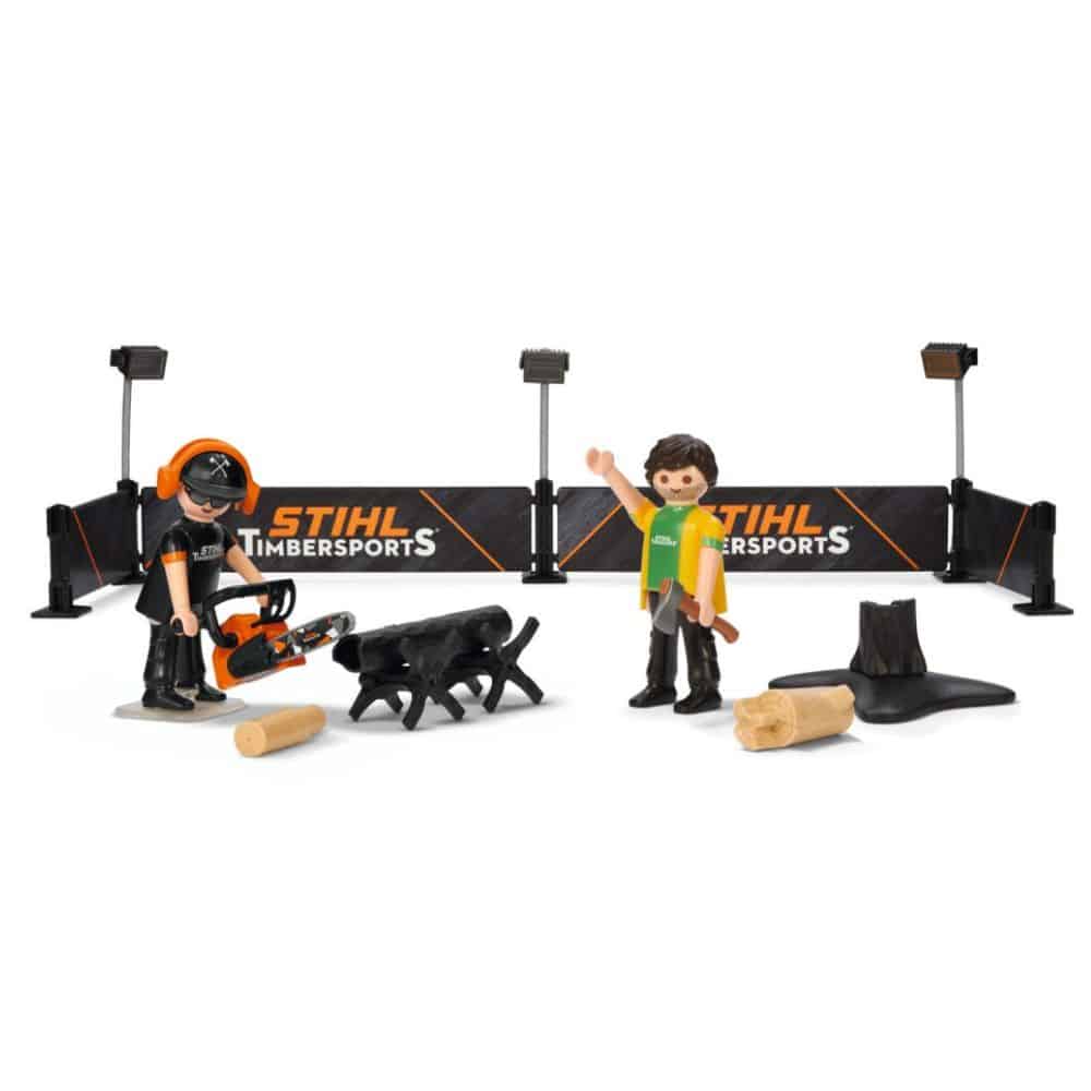 Coffret Playmobil aux couleurs STIHL TIMBERSPORTS® 3 figurines : 2 athlètes + 1 caméraman Accessoires complets : machines, planches, supports, phares