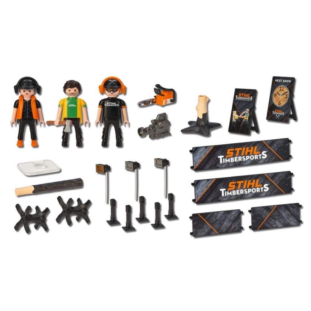 Coffret Playmobil aux couleurs STIHL TIMBERSPORTS® 3 figurines : 2 athlètes + 1 caméraman Accessoires complets : machines, planches, supports, phares