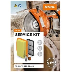 Le kit d’entretien pour les découpeuses thermiques TS de STIHL comprend les pièces d’origine STIHL suivantes : filtre à air, pré-filtre, bougie d’allumage NGK BPMR7A, filtre à carburant (crépine)