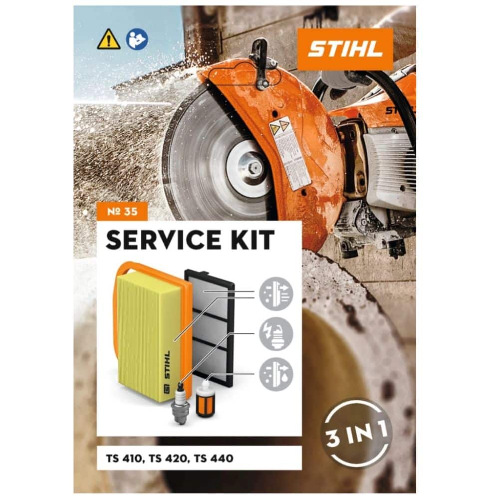 Le kit d’entretien pour les découpeuses thermiques TS de STIHL comprend les pièces d’origine STIHL suivantes : filtre à air, pré-filtre, bougie d’allumage NGK BPMR7A, filtre à carburant (crépine)